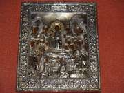 Образ Успение Пресвятой Богородицы в серебряном кованом окладе. 18 век